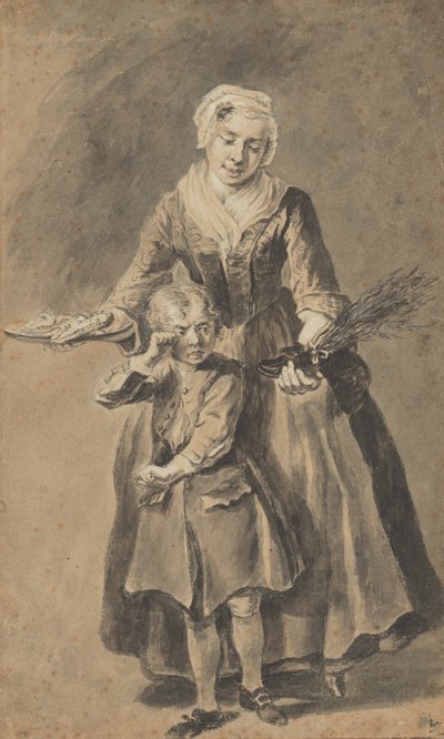 Una madre che mostra al figlio piangente la sua scarpa di ramoscelli da Cornelis Troost
